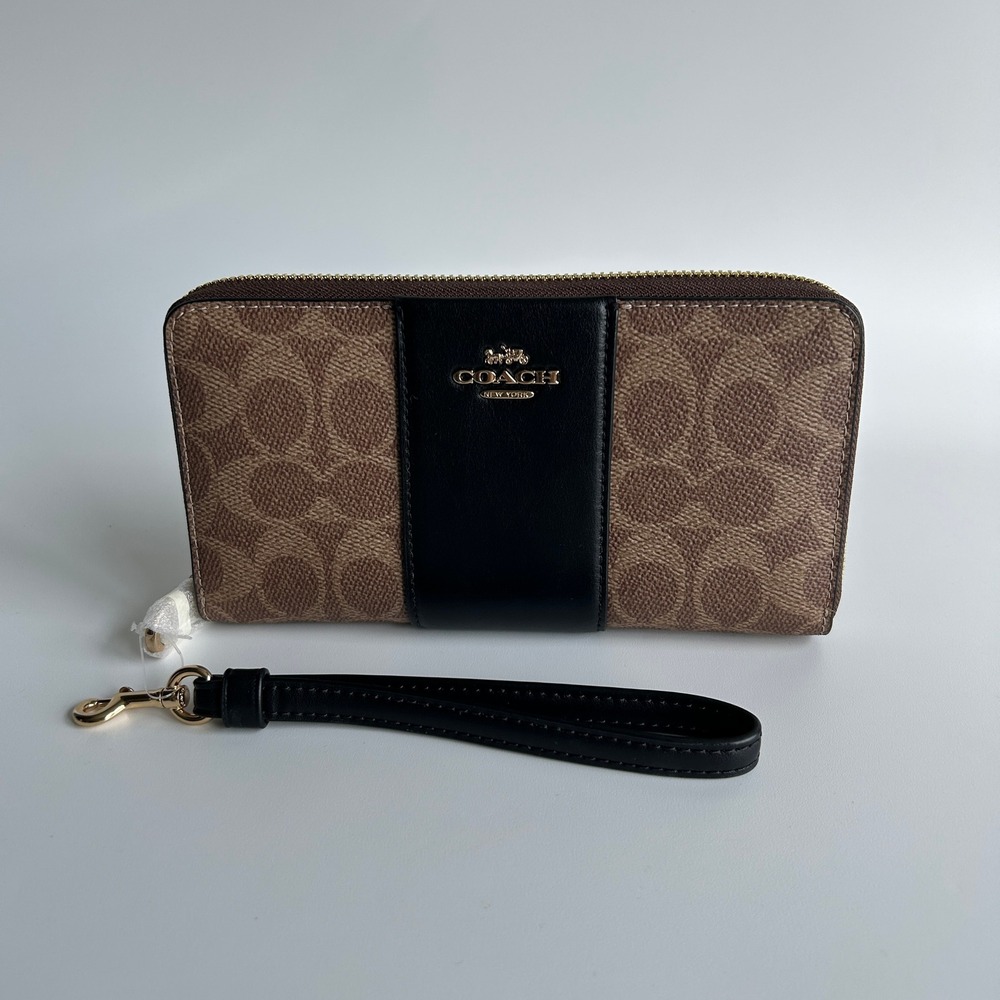 Coach Long Zip Around Tan Black Signature Canvas Leather Wallet CW947
